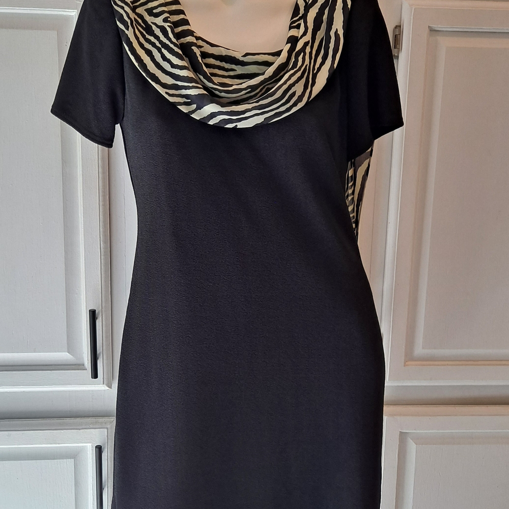 Sheri Martin Black Dress with Zebra Cowl Neck